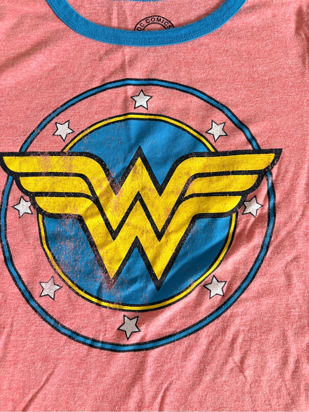 DC Comics Pink Tee with Blue Trim and Black Logo